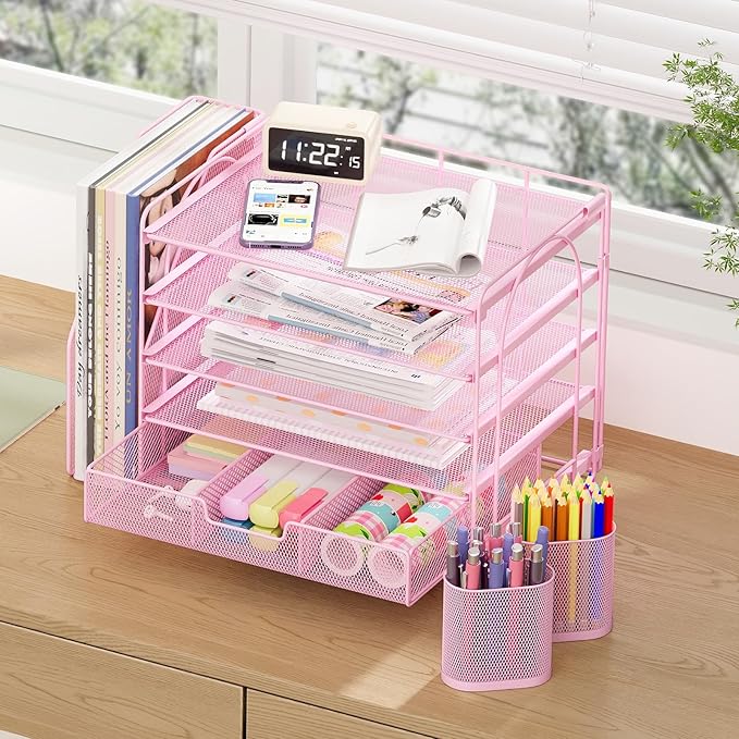 Desk Organizers and Accessories with File Holder, 5-Tier Office Desk Accessories & Workspace Desktop Organizer with Drawer and 2 Pen Holder, File Paper Organizer for Office Supplies(Pink)