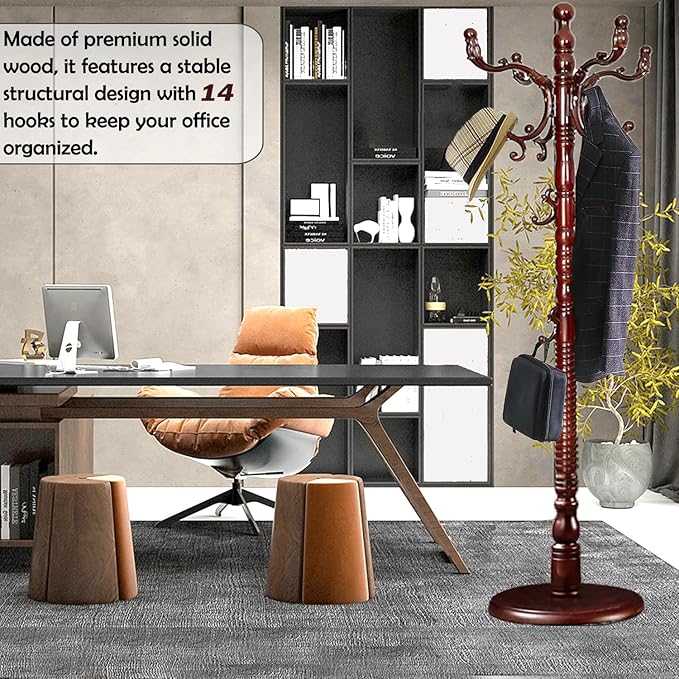 Coat Racks Free Standing with 14 Hooks, Natural Wood Coat Stands for Entryway, Adjustable Height 73 in Tree Coat Rack Stand for Hallway Home Office Bedroom (Mahogany)