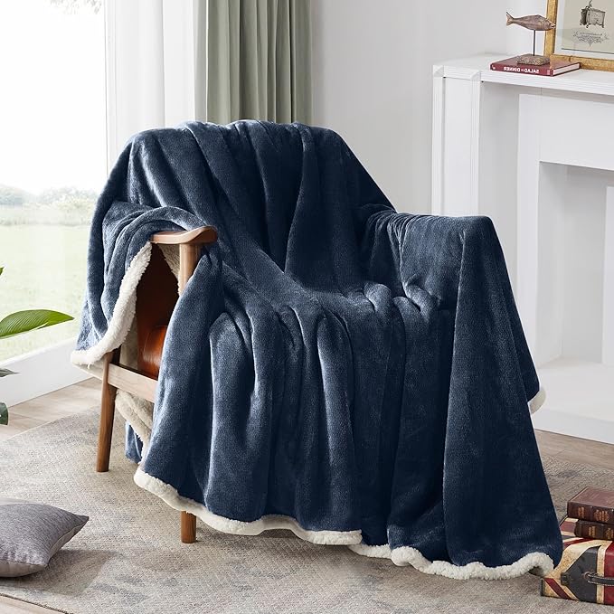 BEAUTEX Sherpa Fleece Throw Blankets, Soft Fluffy Flannel Plush Blanket and Throw, Fuzzy Cozy Blue Cuddle Blankets for Couch Bed Sofa Adults (50" x 60", NavyBlue)