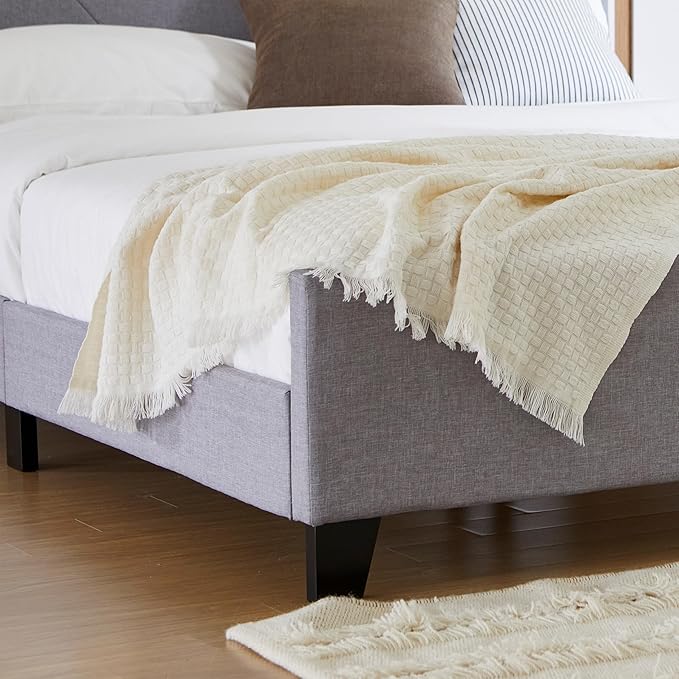 Livinia Stella Queen Size Platform Bed, Fabric Upholstered Queen Bed Frame with Height Adjustable Headboard Footboard, Strong Wood Slats, No Box Spring Needed, Gray (Queen)