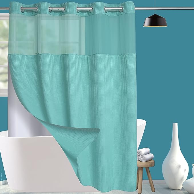Conbo Mio No Hook Green Waffle Weave Shower Curtain with Snap in Liner Set, Hotel Luxury Shower Curtains for Bathroom with See Through Top Window, Waterproof, Washable 71W x 74H