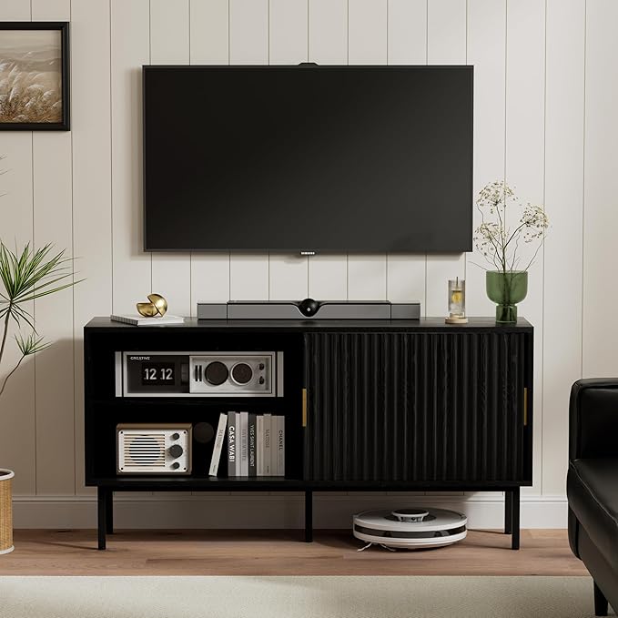 Fluted Tv Stand with Sliding Doors, 47" Mid Century Entertainment Center with Adjustable Shelf, Wooden Media TV Console with Storage Cabinet for Living Room, Black