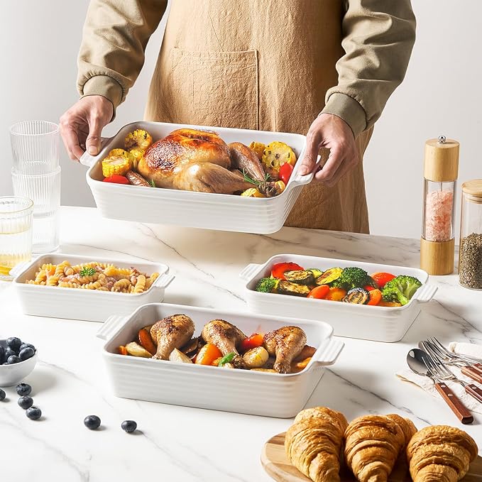 Jassceram Casserole Dishes for Oven, 4-Piece Porcelain Baking Dish, Rectangular Ceramic Bakeware Sets with Handles, Deep Lasagna Pan for Baking, 9.6" to 15.2", Nesting Design, Oven Safe, White