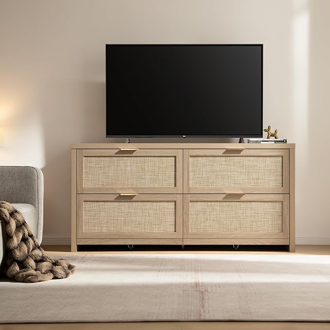 SICOTAS 60.8" Dresser for Bedroom, Rattan Boho Dresser with 4 Deep Drawers, Large Chest of Drawers for Closet,Nursery,Dressers TV Stand for Bedroom (Reclaimed Light Oak, 4 Drawers (1 pc))