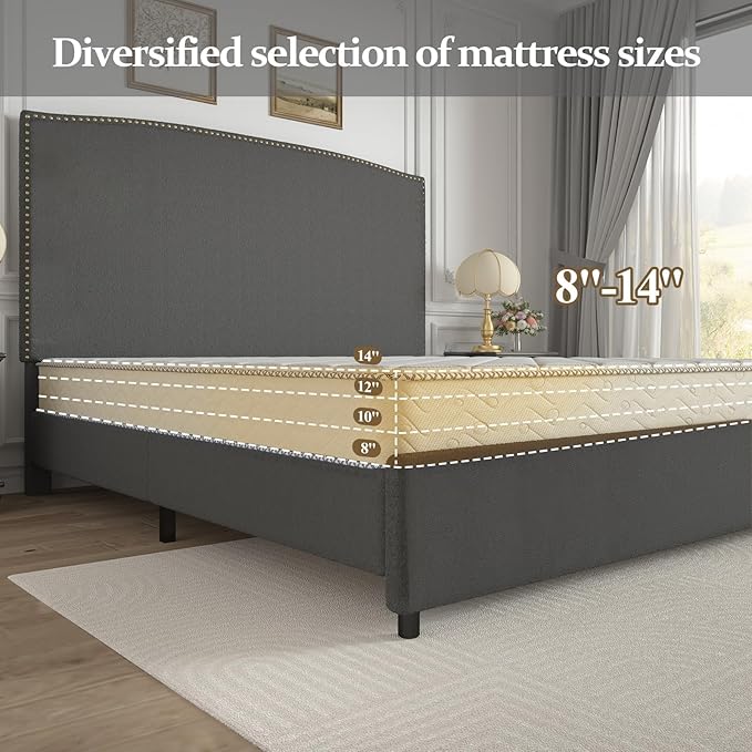 King Bed Frame, King Size Upholstered Platform Bed Frame with 56" Headboard, Soft Boucle Fabric, Mid-Century Modern Design, No Box Spring Required, Easy Assembly, Grey