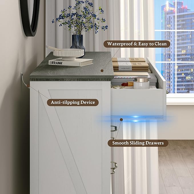 Farmhouse 6 Drawers Dresser for Bedroom, 48" Wide Modern Chest of Drawers with Deep Drawers & Bar Handles, Rustic Wood Dresser TV Stand, Wooden Closet Storage Organizer for Living Room, Hallway, White