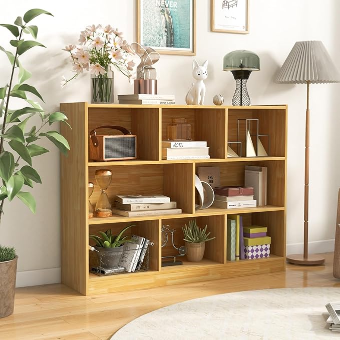 Toy Storage Organizer, 3-Tier Kids Bookshelf, 8 Cube Kids' Bookcases, Cabinets & Shelves, Wooden Toy Organizers, Small Book Shelf for Bedroom, Playroom, Classroom, Nursery (Burlywood)