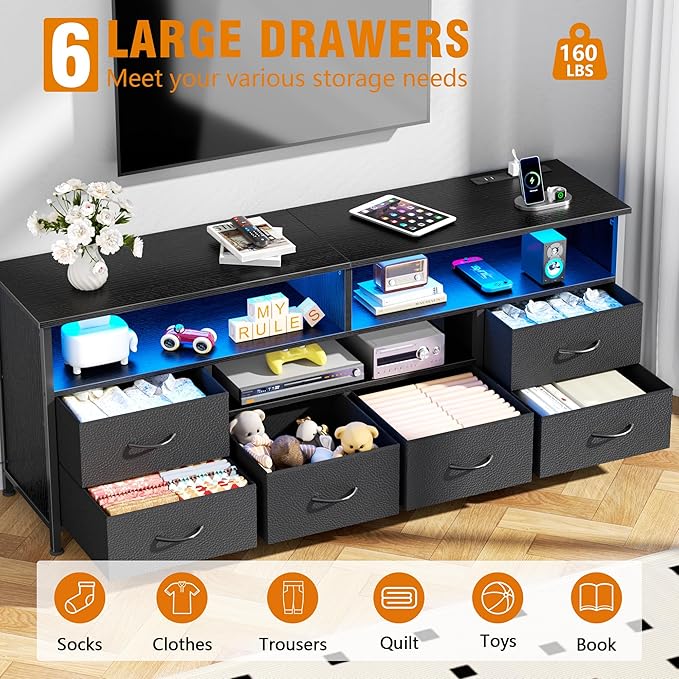 Furologee 55" LED TV Stand for Bedroom with Power Outlets, Entertainment Center with 6 Fabric Drawers for 50/55/60 inch TVs, Dresser TV Stand Long Console Media Table for Living Room, PU Black