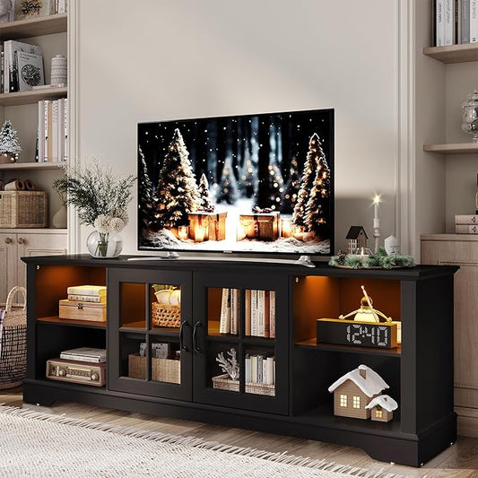 LINSY HOME TV Stand for 75 Inch TV, 68" Entertainment Center with LED Lights and Glass Door Storage Cabinet, Modern Farmhouse TV Media Console Table for Living Room, Black