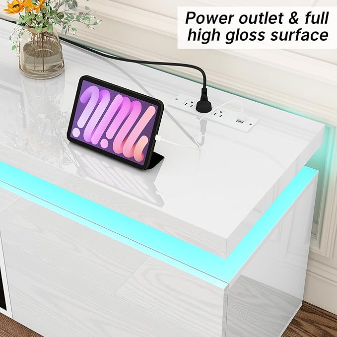 Fireplace TV Stand for 80" TV, 71" LED TV Stand with 40" Electric Fireplace & Power Outlet, High Gloss Surface, 2 Storage Cabinet, Modern Style (71 Inch, White