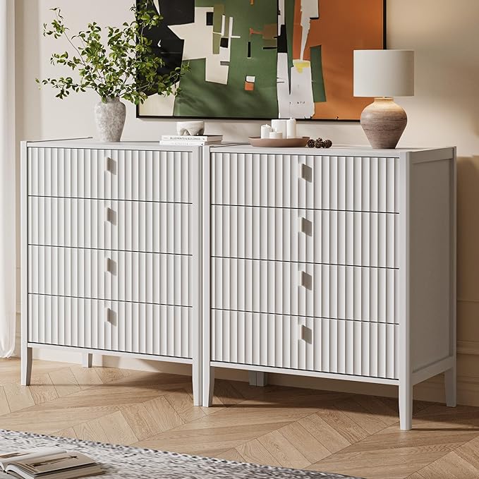White 4 Drawer Dresser, Modern Chest of Drawers for Bedroom, Wood Storage Dresser Organizer with Deep Drawers for Clothes, Nightstand for Bedroom, Hallway, Living Room, Entryway