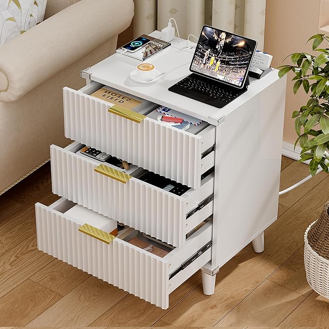 Lulive Wood 3 Drawers Dresser Fluted Night Stand with Charging Station, White Storage Nightstand Modern Side Table, Bedside Table for Bedroom, Entryway White
