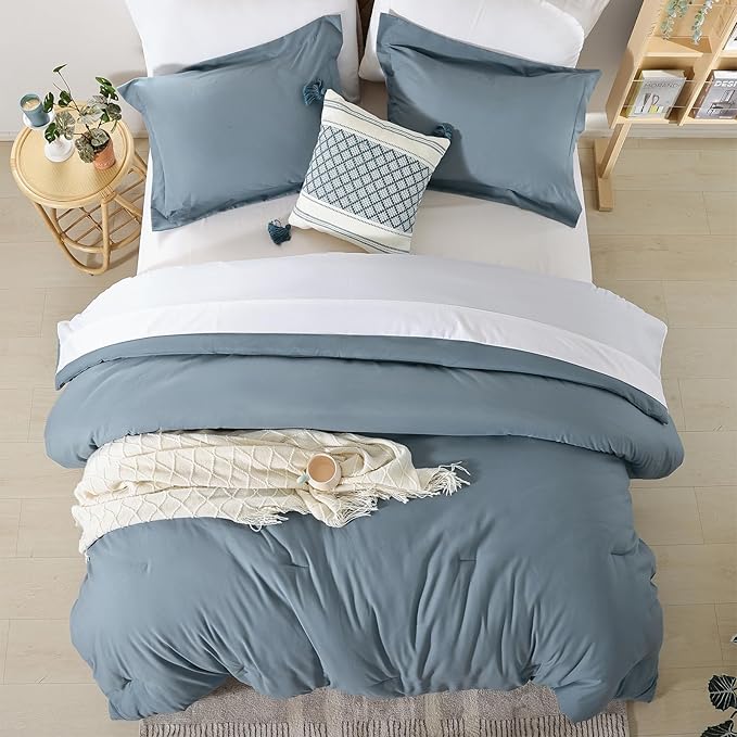 weigelia 5PCS Twin Comforter Set Microfiber Comforter Dusty Blue Comforter Sets for Women and Men Reversible Bed Set Ultra Soft All Season（Comforters, Flat & Fitted Sheets, Pillowcases & Shams）
