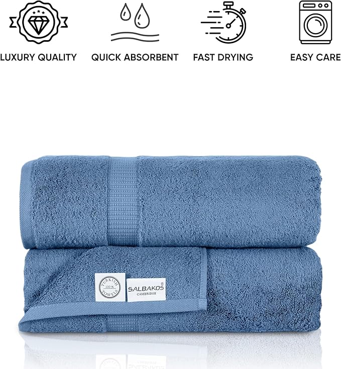 SALBAKOS 100% Turkish Cotton Extra Large Bath Sheet Set of 2 35x70 inch | Heirloom Quality | Hotel & Spa Collection | Ultra Soft, Absorbent Oversize Bath Towels | Made in Turkey (Blue, 2 Bath Sheets)