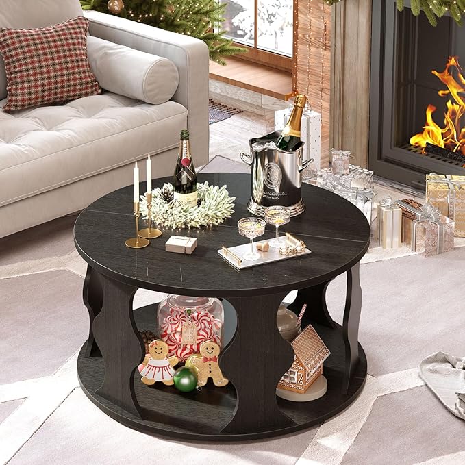 HSH Black Round Coffee Table, Modern Wood Circle Center Table for Living Room, Unique Rustic Wooden Circular Coffee Table with Storage, 2-Tier Accent Cocktail Tea Tables in Small Room, 31.5 in, Oak