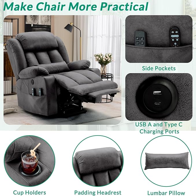 VIVIJASON Tall Man Large Dual Motor Power Lift Recliner Chair with Extended Footrest, Oversized Lay Flat Sleeper Electric Recliner W/Heat & Massage, Lumbar Pillow, USB & Type-C Ports, Gray