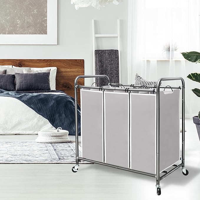 STORAGE MANIAC 3 Section Laundry Sorter, 35.9 Gal (136 L) Laundry Hamper Cart with Heavy Duty Rolling Lockable Wheels and Removable Bags, Clothes Organizer Basket Clothes Separator Hamper, Gray