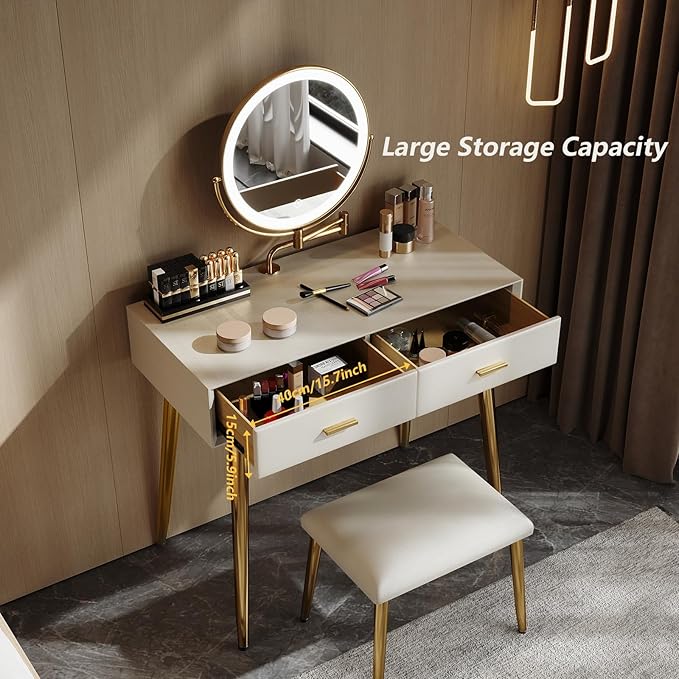 IKuinen Makeup Vanity Desk with Mirror and Lights, Small Vanity Table with 2 Drawers, Stool, Vanity Set for Bedroom with Leather, 3 Lighting Modes - 31.5In Beige