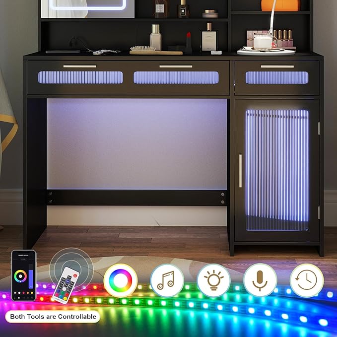 Hadulcet Vanity Desk with Mirror and Lights, LED Vanity with Power Outlet, Makeup Vanity with 2 Drawers, 10 Storage Shelves and Acrylic Door Cabinet for Bedroom Dressing Room, 43" Black