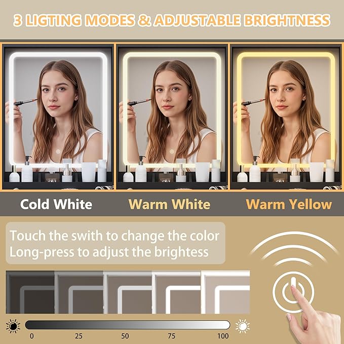 Vanity Desk with Mirror and Lights, Black Makeup Vanity Table with 3 Modes & Adjustable Brightness, Glass Cabinets, Drawers, Outlet, Modern Dressing Table for Bedroom, Girls, Women, Teens