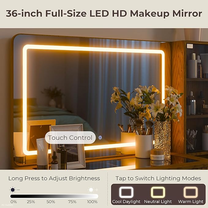 Fluted Vanity Desk with 36" Mirror and Lights, Makeup Vanity Desk with Glass Top, Dressing Table with 5 Drawers & Shelves, Wood Vanity Table for Bedroom(Natural Oak)