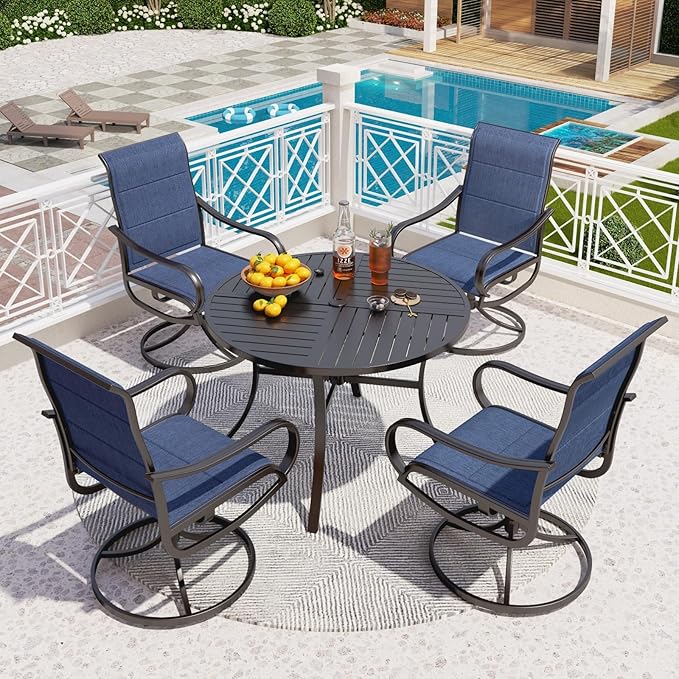 PHI VILLA 5 Piece Outdoor Patio Dining Set with 4 Padded Swivel Dining Chairs & 1 Large Round Dining Table, All Weather Blue Chair and Metal Table for Deck Lawn Garden