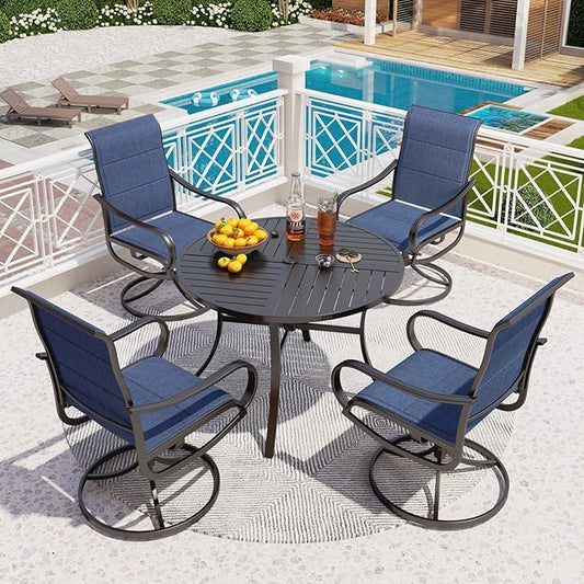 PHI VILLA 5 Piece Outdoor Patio Dining Set with 4 Padded Swivel Dining Chairs & 1 Large Round Dining Table, All Weather Blue Chair and Metal Table for Deck Lawn Garden