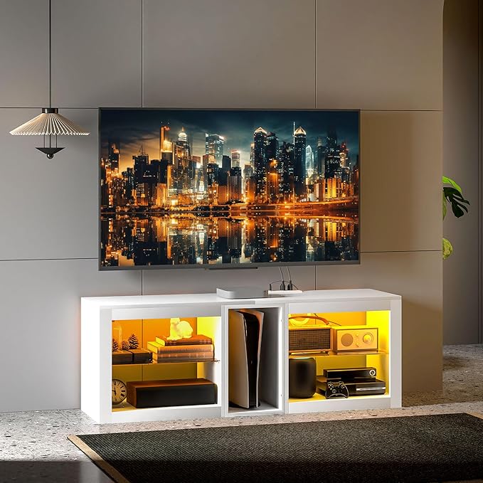 HOMCOM Modern TV Stand with LED Lights and Power Outlets for 55 Inch TV, 51" High Gloss Entertainment Center with Adjustable Glass Shelves, TV Console for Bedroom, Living Room, White