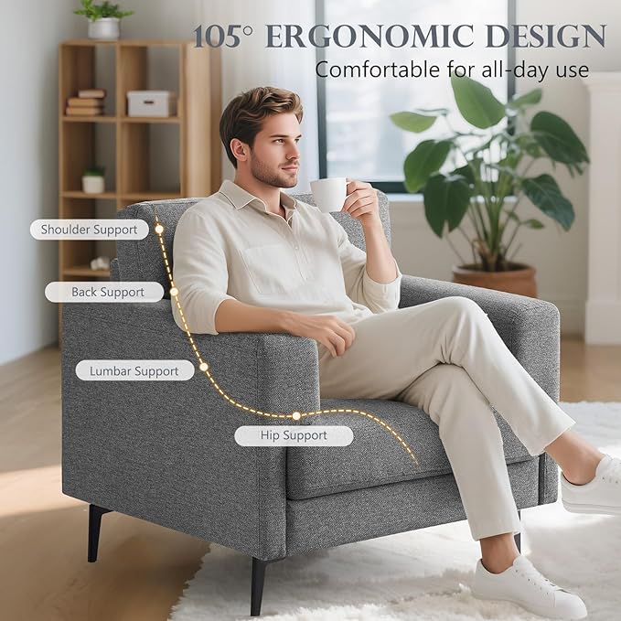 CDCASA Accent Chair, Linen Fabric Oversized Mid Century Modern Chair Set of 1, Comfy Upholstered Armchair Reading Accent Chairs Sofa Chairs for Bedroom Living Room, Dark Grey