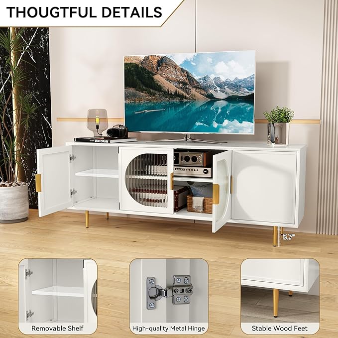 ARTPOWER Modern TV Stand for TVs up to 70+ inch, Glass Door Television Console Table with Gold Leg, Entertainment Center with Storage Cabinet, Wood Media Furniture for Bedroom, Living Room, White