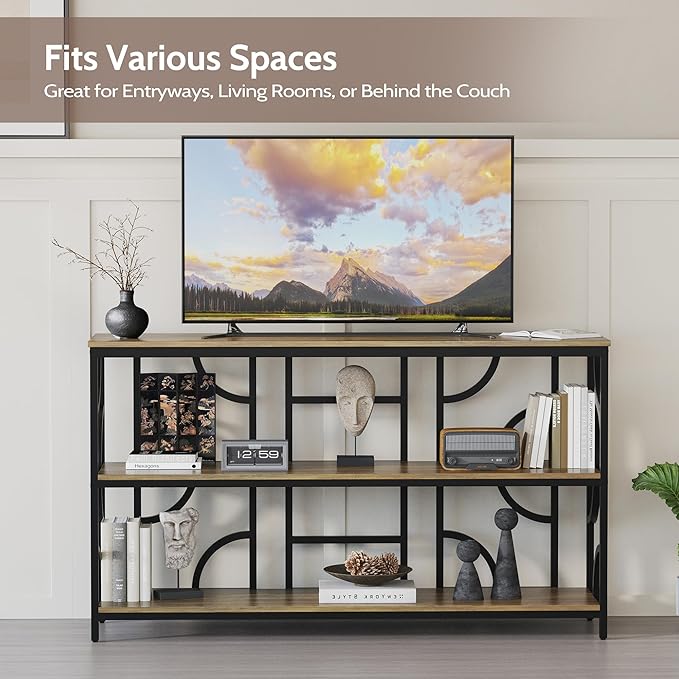 55'' Industrial Sofa Table, 3-Tier Storage Console Table with Unique Geometric Design, Behind Couch Accent Table for Entryway, Living Room, Foyer, Hallway, Office - Rustic Brown