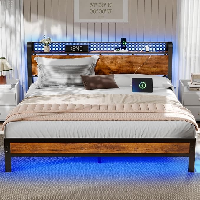 Furnulem Queen Bed Frame with Charging Station and LED Lights,Industrial Platform Beds Queen Size with Storage Headboard,USB Port,Rustic Wood and Strong Metal Support,No Box Spring Needed, Noise Free
