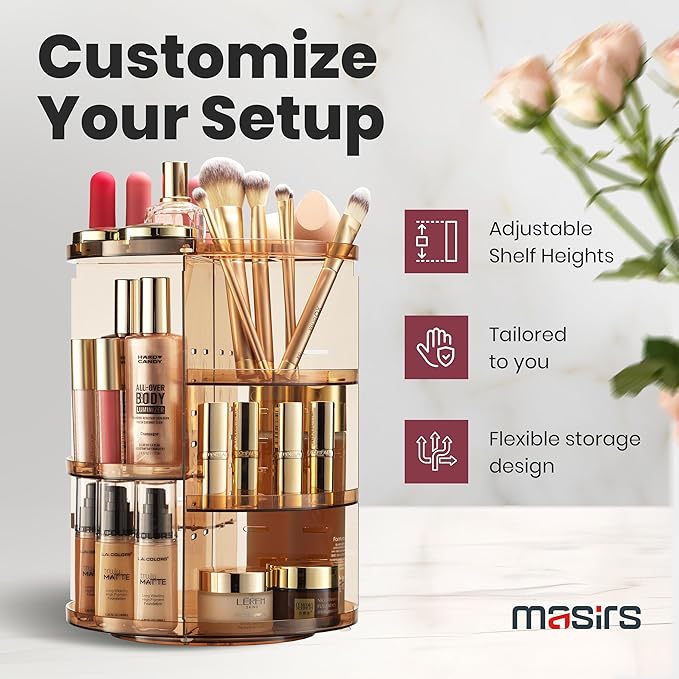 360 Rotating Makeup Organizer - Adjustable Shelf Height and Fully Rotatable - The Perfect Round Spinning Cosmetic Organizer for Bedroom Dresser or Vanity Countertop Storage (Brown)