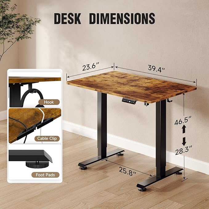 Veken 39.4" Small Electric Standing Desk, Height Adjustable Sit Stand Up, Wood Desktop, Work Home Office Computer PC Desks, Writing Study Bedroom Rising Table, Brown