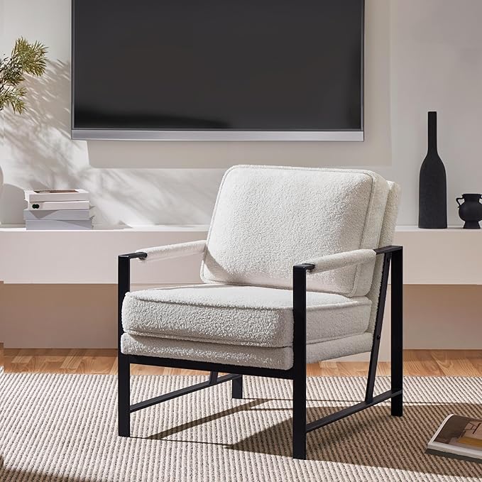 Yaheetech Teddy Boucle Fabric Armchair, Retro Leisure Accent Chair with Extra Soft Padded and Cushion, Modern Reading Arm Chair with Black Metal Frame for Living Room/Office/Bedroom/Study, Ivory, 2PC