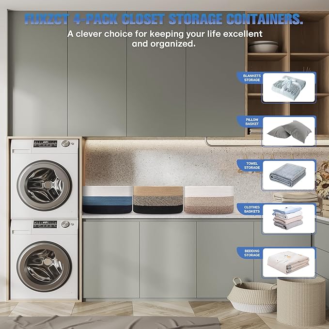 4 Pack Woven Storage Baskets for Organizing - Cotton Rope Baskets for Closet, Toys, Books, Towels, Durable Storage Bins for Shelves, Living Room, Bedroom, 14.76''Lx9.84''Wx8.86''H (khaki, 13")