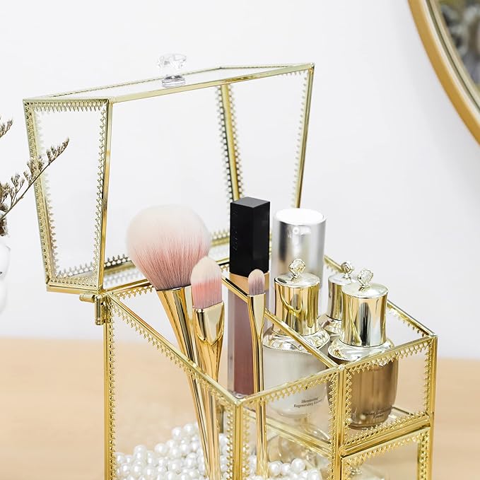 Vintage Makeup Organizer Gold Glass Brush Holder with Lid Storage Dustproof Cosmetics Case with Pearls for Vanity Decoration Jewelry Nail Brush Lipstick