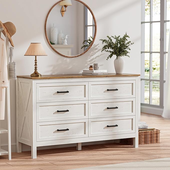 LYNSOM Farmhouse 6 Drawers Dresser for Bedroom, Wood Rustic Wide Chest of Drawers with Deep Drawers, Metal Handle, Storage Dressers Organizer for Entryway, Hallway, Antique White