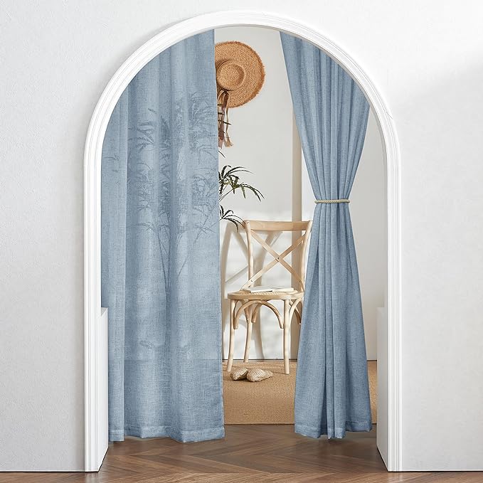 RYB HOME Linen Sheer Curtains 63 inch Length for Dining Room Doorway, Rod Pocket Soft Textured Thick Linen Burlap Privacy Protection Light Filtering 2 Panels Set, W 52 x L 63 inches, Dusty Blue