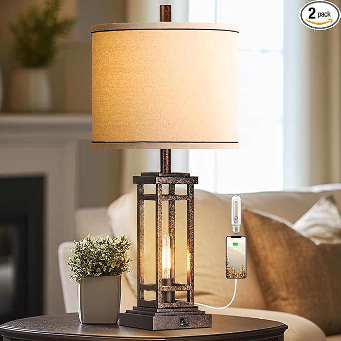 ROTTOGOON 27.5 Tall Farmhouse Table Lamp with USB C + USB A Charge Ports, Rustic Living Room Lamp, Black Industrial End Table Lamp for Bedroom Living Room Nightstand (Bronze)