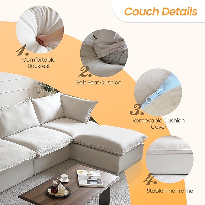 JACH L-Shaped Sectional Couches, Modular Sectional Sofas, Modern Couch Sofa with Chaise Ottoman, Cushion Covers Removable, Two Corners and Two Middle Sofa for Living Room (Beige)