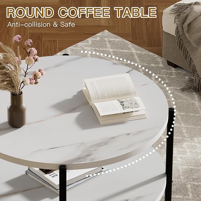 Round Coffee Table, 27.6" Circle Coffee Table for Living Room, 2-Tier Wood Accent Center Table with Open Storage Industrial Design Home Furniture, White