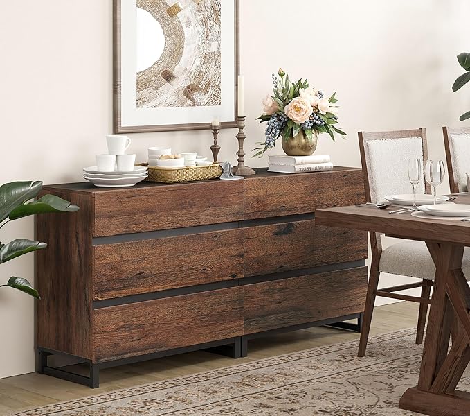 WAMPAT Dresser for Bedroom, Closet Organizers and Storage with 6 Drawers, Chest of Drawers with Metal Base, Modern Wood Dresser for Living Room, Entryway, Brown