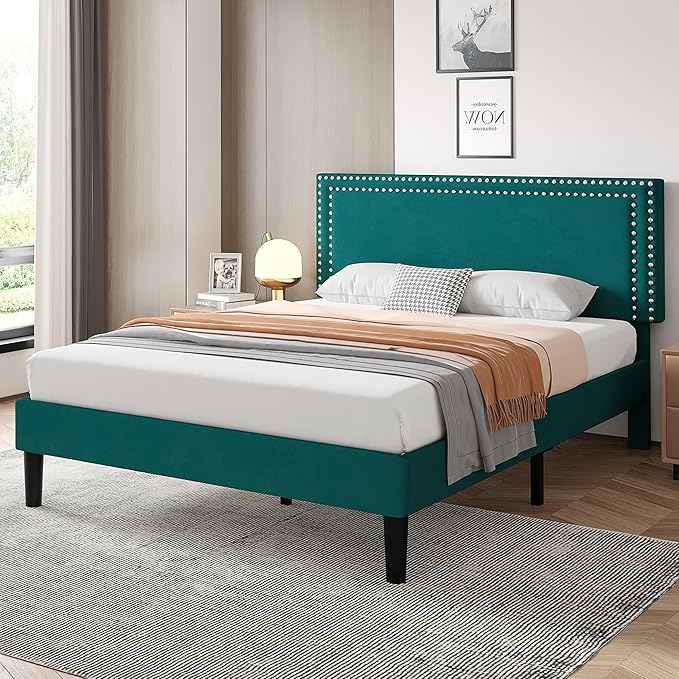VECELO Bed Frame Queen Size with Adjustable Upholstered Headboard, Wooden Slats Platform, Noise-Free Design, Easy Assembly