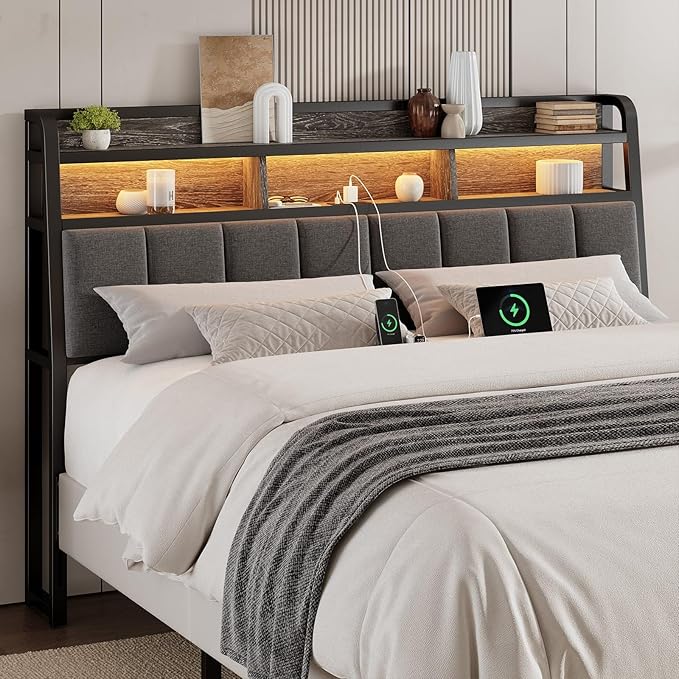 Ergonomic Headboard for Queen Size Bed with 2-Tier Storage, Upholstered Headboards with Outlets, USB Ports, LED Light, Queen Head Board Only, Height Adjustable, Sturdy and Stable, Black & Grey