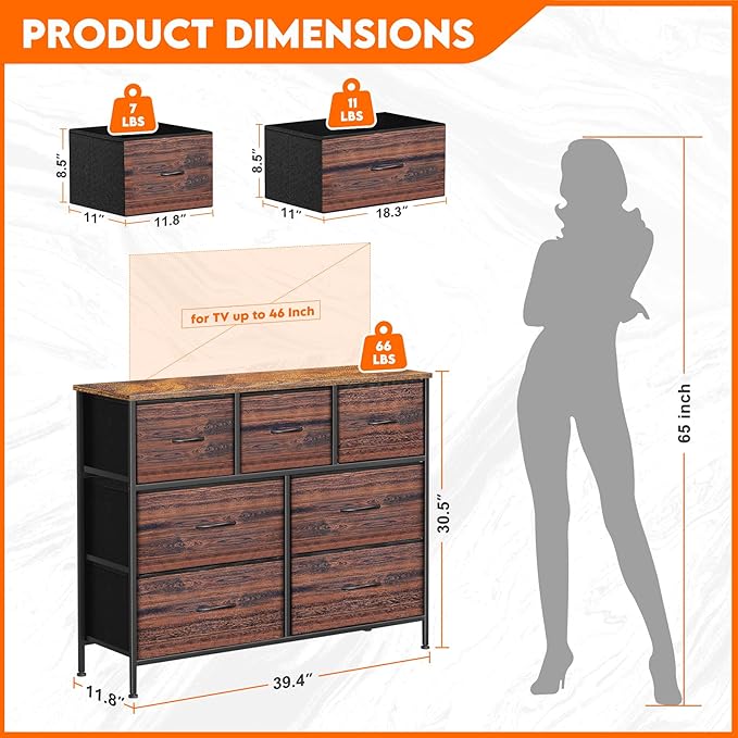 Dresser for Bedroom with 7 Drawers, Chest of Drawers, Storage Drawers Organizer Unit, Black Wide Fabric Dresser with Fabric Bins for Closet, Living Room, Entryway (Brown and Rustic Brown)