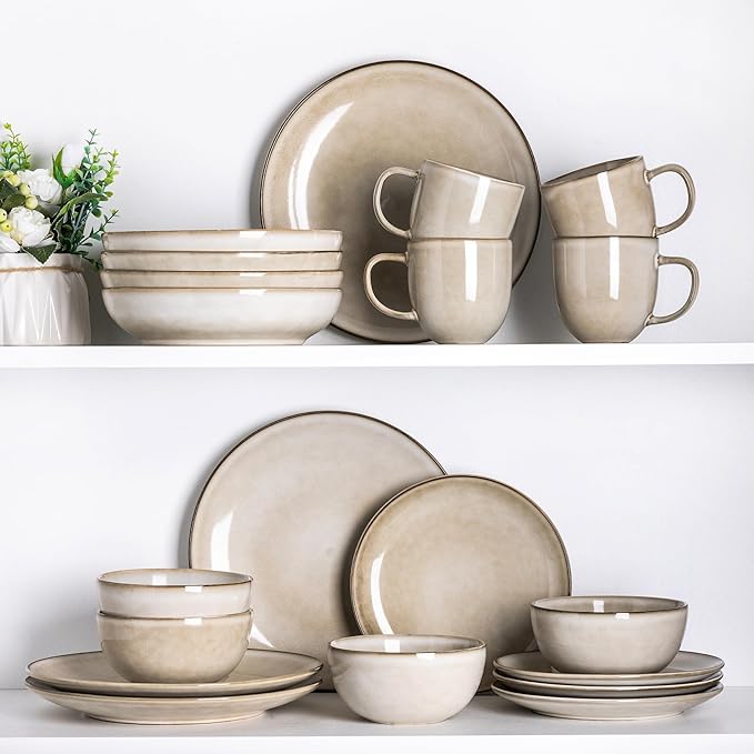 AmorArc Ceramic Dinnerware Sets for 4, 12 Pieces Handpainted Stoneware Plates and Bowls Set, Scratch Resistant Dishes Set, Dishwasher & Microwave Safe, Cappuccino