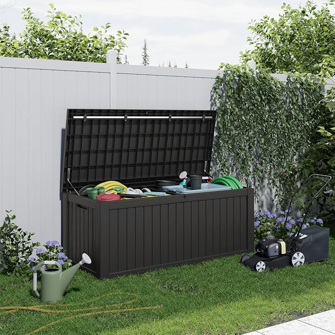 Vixzen 150 Gallon Resin Deck Box, Lockable Outdoor Storage Box for Patio Cushions Storage Furniture,Garden Tools, Pool Supplies, Weatherproof and UV Resistant- Black