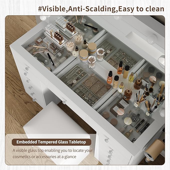 13 Drawers Vanity Desk, 47''W Makeup Vanity with Power Outlet, Vanity Table with Mirror and 12 LED Bulbs, 3 Color Lighting Modes, Glass Top, Dressing Table for Bedroom (White)