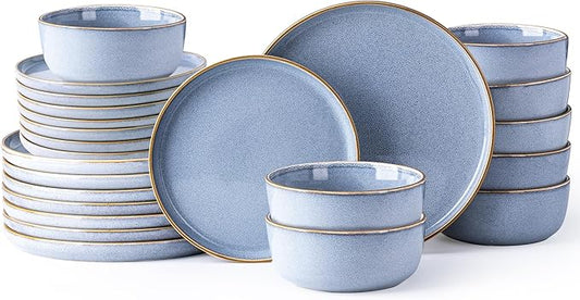 GBHOME Ceramic Dinnerware Sets for 8, 24 Pieces Stoneware Plates and Bowls Sets, Scratch Resistant Dishes, Dishwasher & Microwave Safe, Reactive Glaze-Brunnera Blue